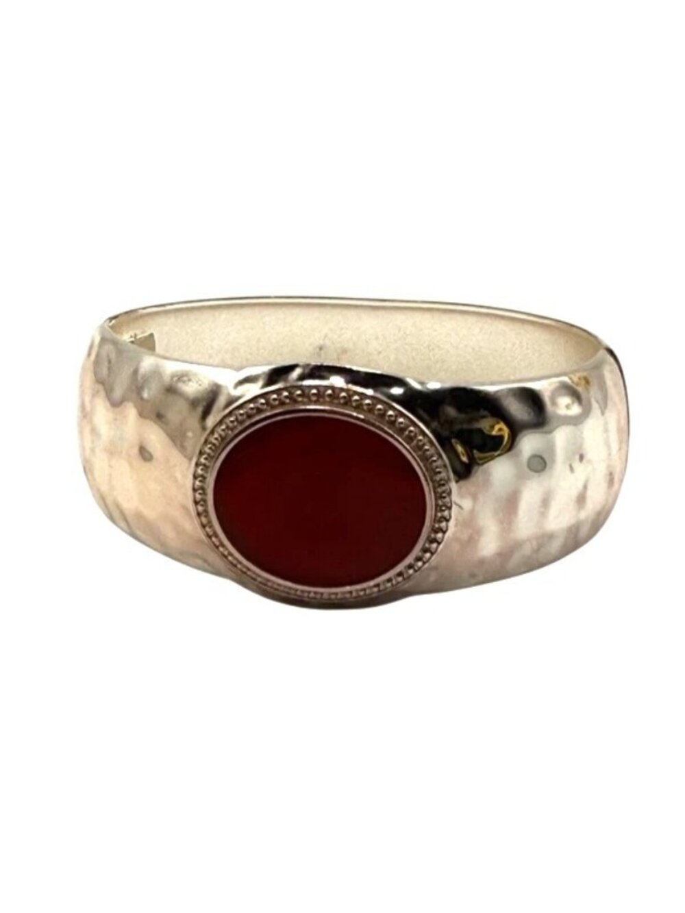 Silver Tone Hammered Cuff Bracelet Red Oval Cabochon Hinged Statement